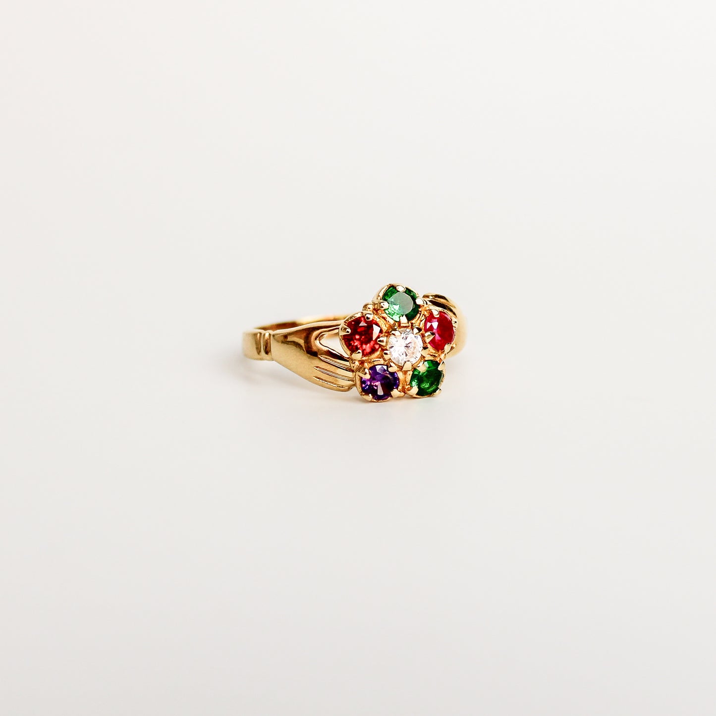 Regard Bloom Ring 18k gold vermeil side profile, floral REGARD acrostic cluster ring with hand-detailed band, Ether Jewelry