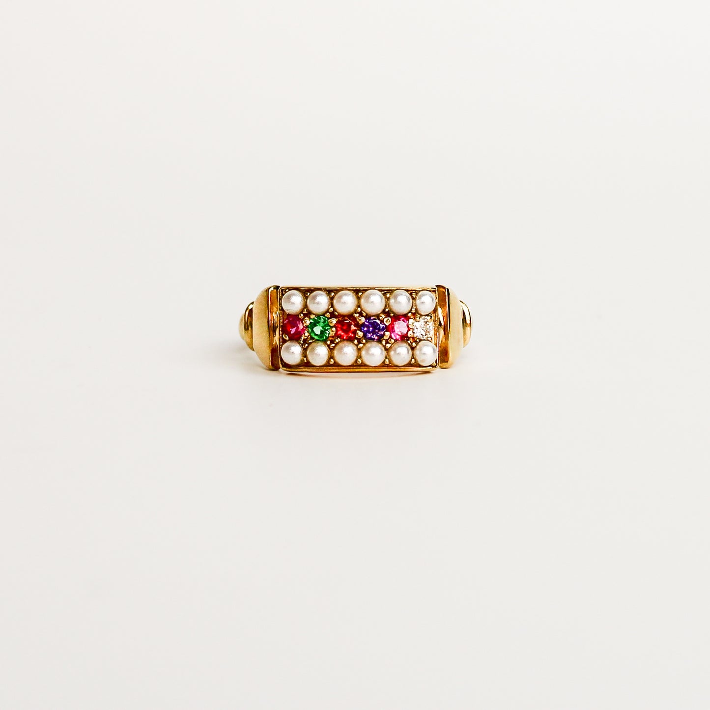 Regent Ring in 18k gold vermeil, acrostic REGARD CZ stones set across cultured pearl-paved rectangular signet face, Ether Jewelry