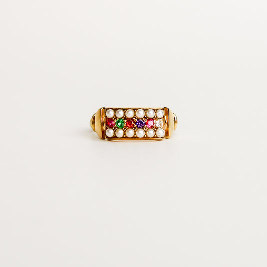 Regent Ring in 18k gold vermeil, acrostic REGARD CZ stones set across cultured pearl-paved rectangular signet face, Ether Jewelry