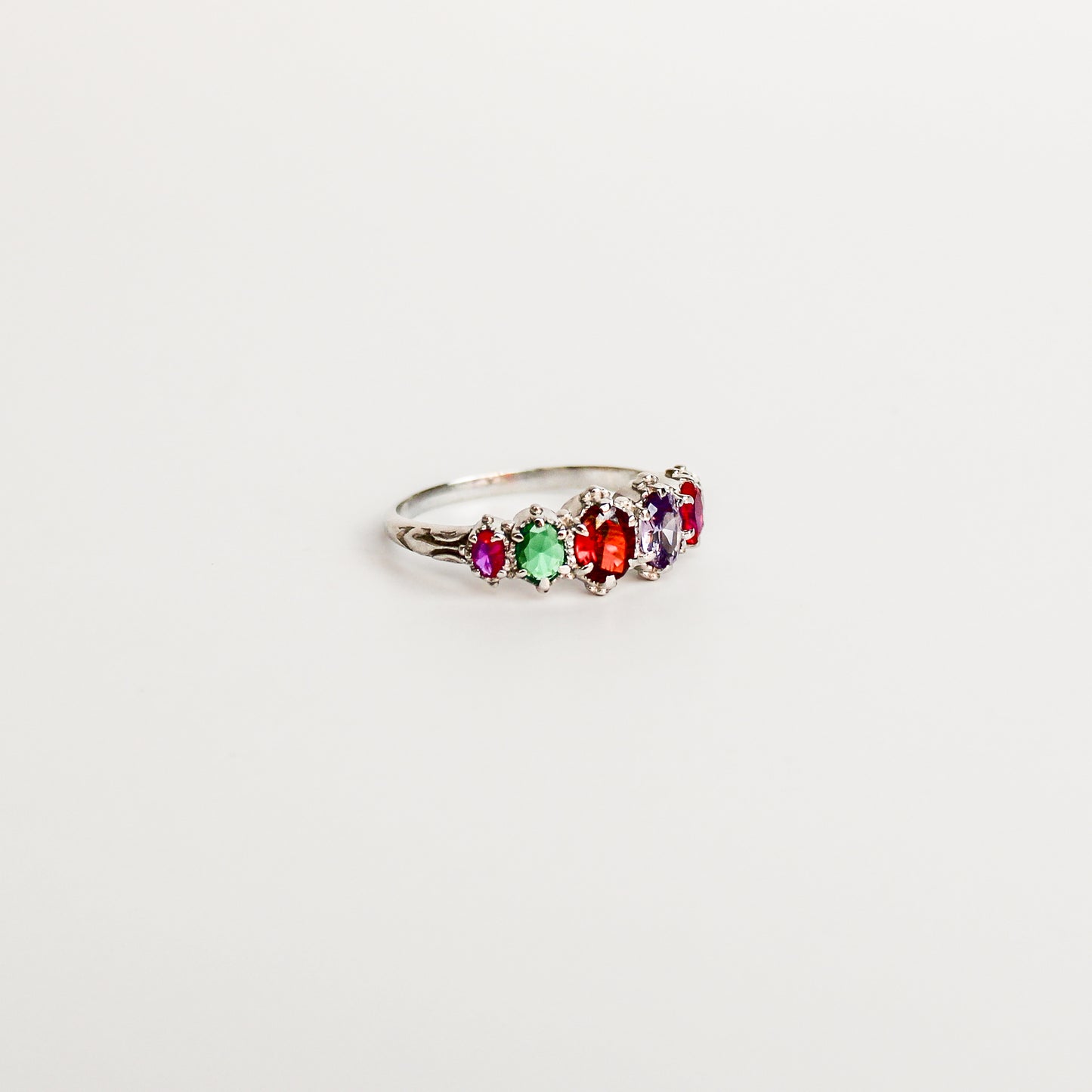Crowned Jewel Ring sterling silver side profile, graduating oval REGARD acrostic gemstone band, Ether Jewelry