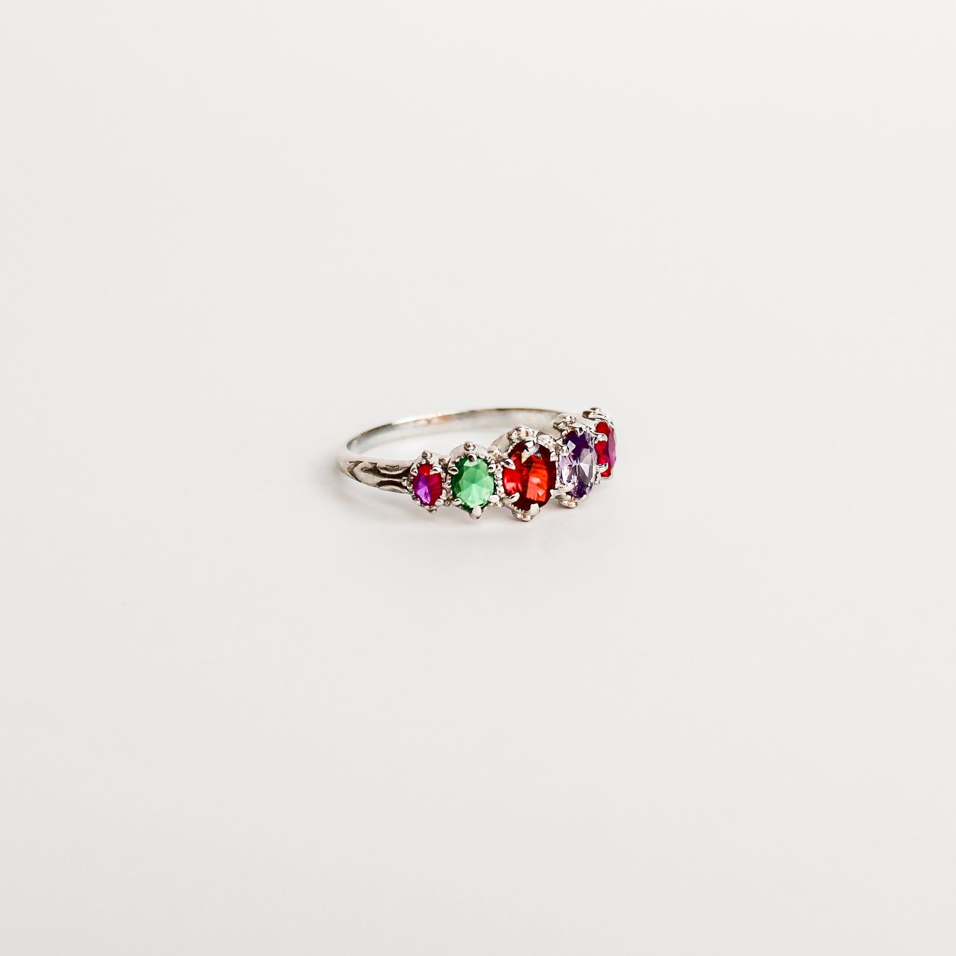 Crowned Jewel Ring sterling silver side profile, graduating oval REGARD acrostic gemstone band, Ether Jewelry