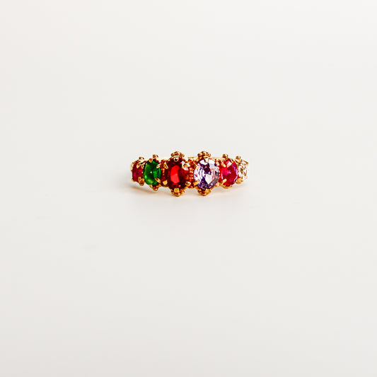 Crowned Jewel Ring in 18k gold vermeil, acrostic REGARD oval-cut CZ stones in graduating crown prong band, Ether Jewelry
