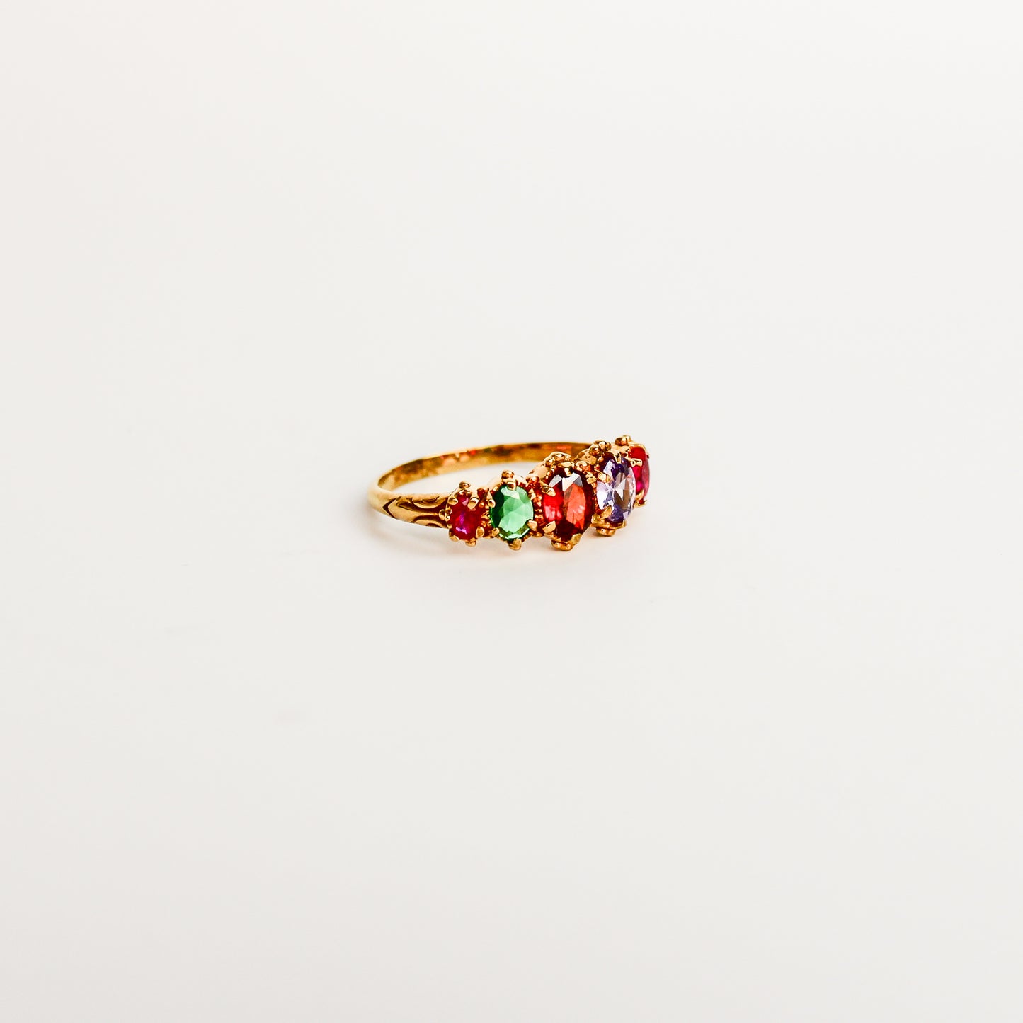 Crowned Jewel Ring 18k gold vermeil side profile, graduating oval REGARD acrostic gemstone band, Ether Jewelry
