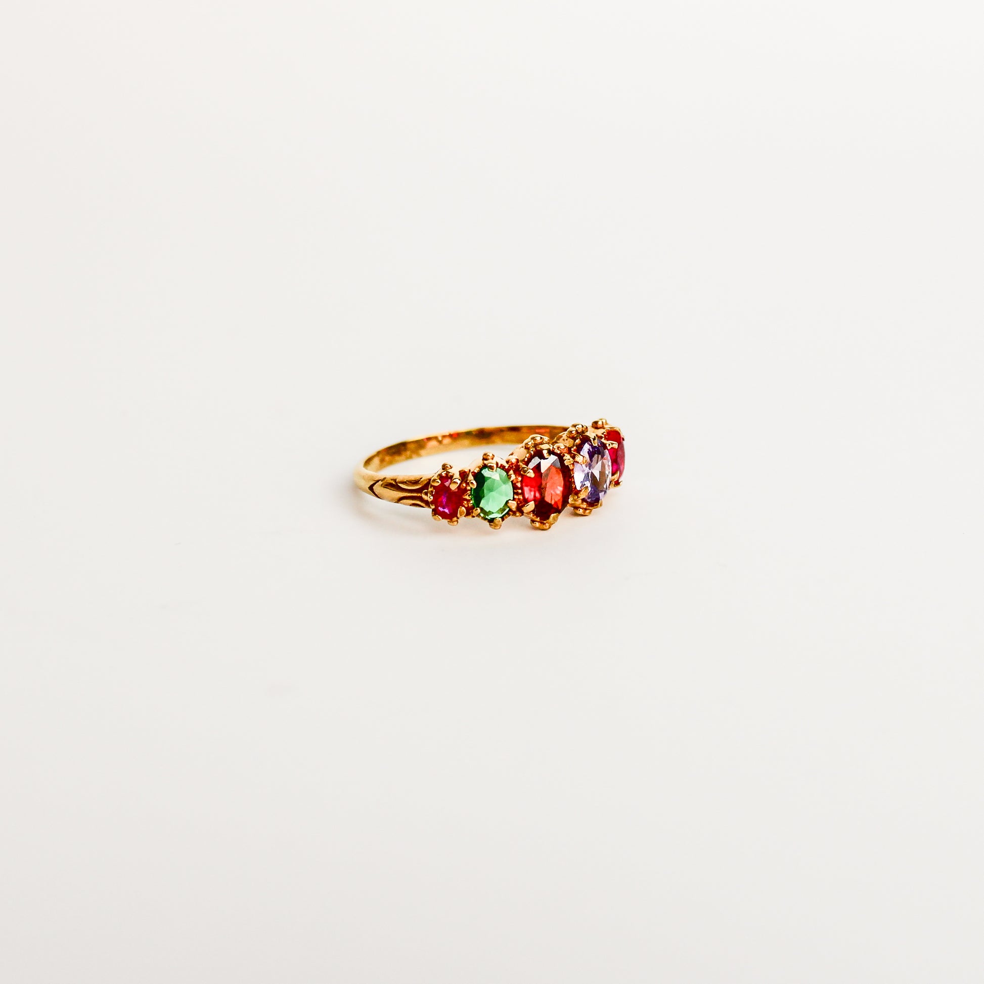 Crowned Jewel Ring 18k gold vermeil side profile, graduating oval REGARD acrostic gemstone band, Ether Jewelry