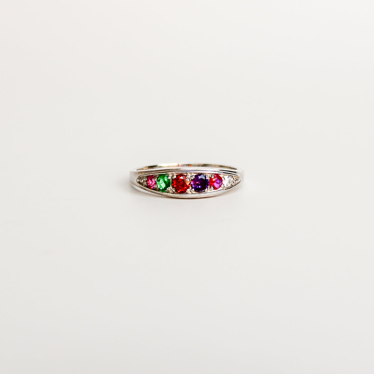 Love Letter Ring in sterling silver, acrostic REGARD band with ruby, emerald, garnet, amethyst, ruby and diamond CZ stones, Ether Jewelry