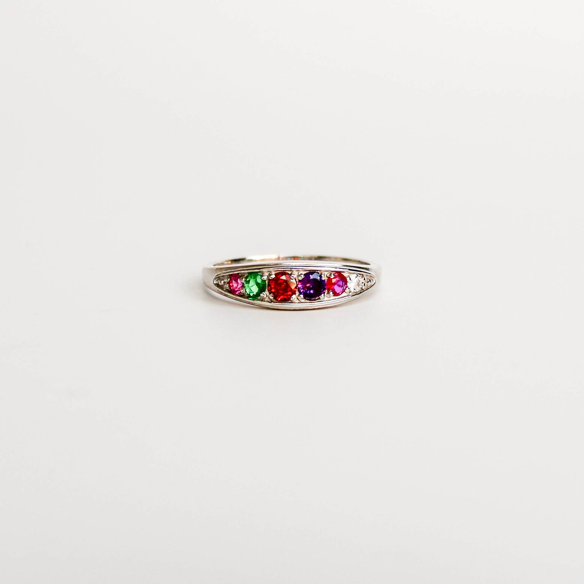 Love Letter Ring in sterling silver, acrostic REGARD band with ruby, emerald, garnet, amethyst, ruby and diamond CZ stones, Ether Jewelry