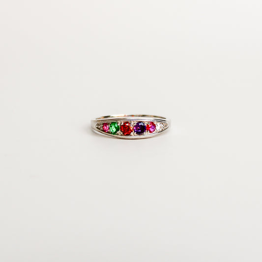 Love Letter Ring in sterling silver, acrostic REGARD band with ruby, emerald, garnet, amethyst, ruby and diamond CZ stones, Ether Jewelry