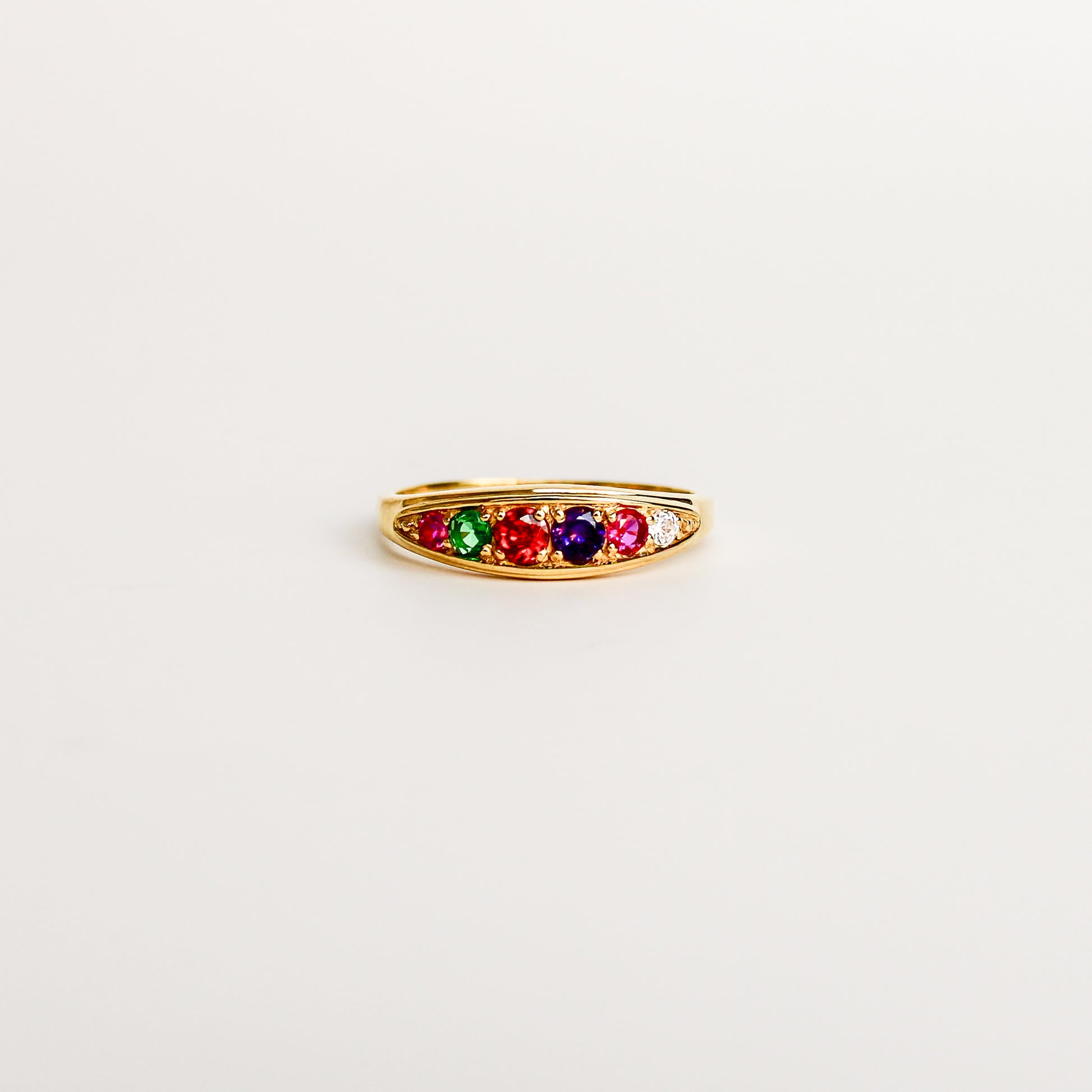 Love Letter Ring in 18k gold vermeil, acrostic REGARD band with ruby, emerald, garnet, amethyst, ruby and diamond CZ stones, Ether Jewelry