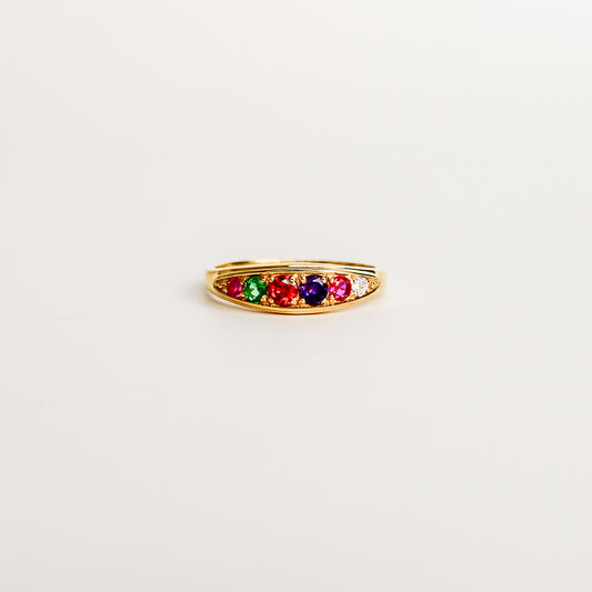 Love Letter Ring in 18k gold vermeil, acrostic REGARD band with ruby, emerald, garnet, amethyst, ruby and diamond CZ stones, Ether Jewelry