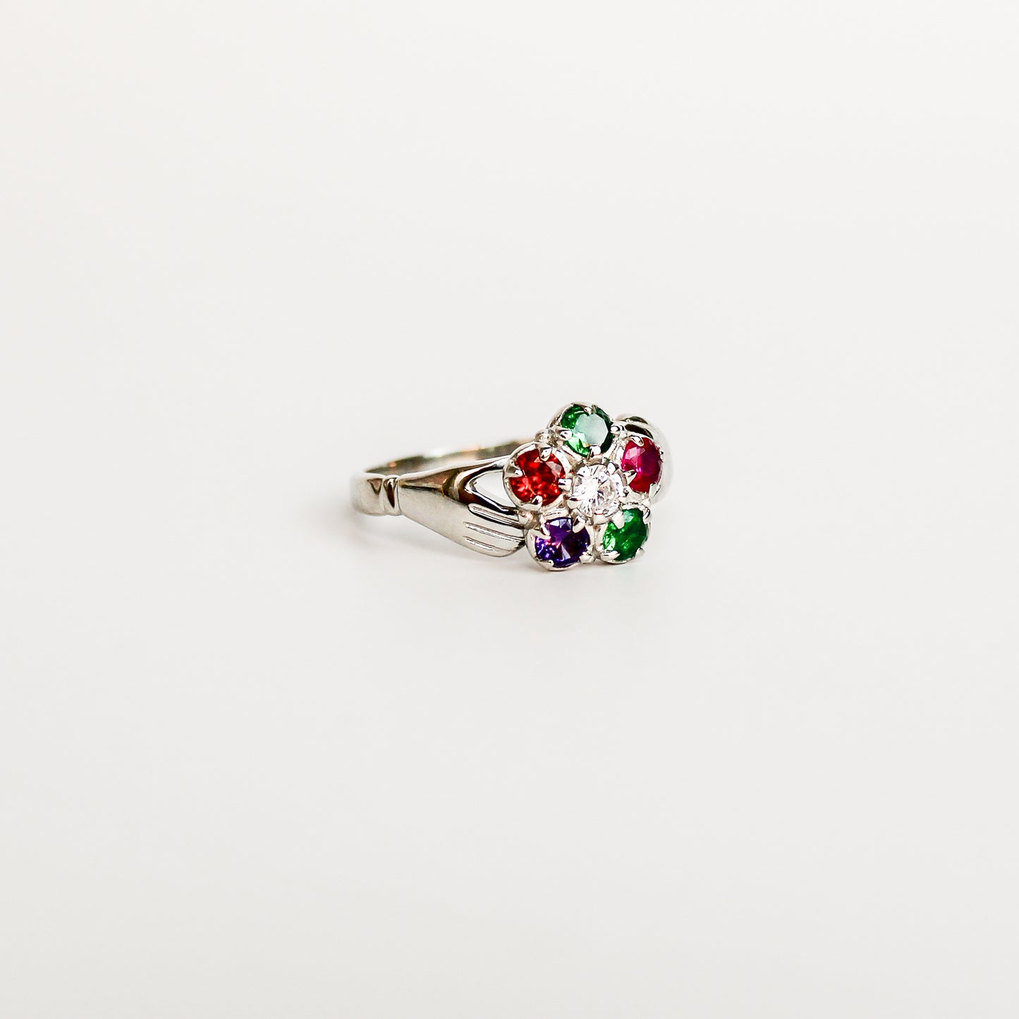 Regard Bloom Ring sterling silver side profile, floral REGARD acrostic cluster ring with hand-detailed band, Ether Jewelry