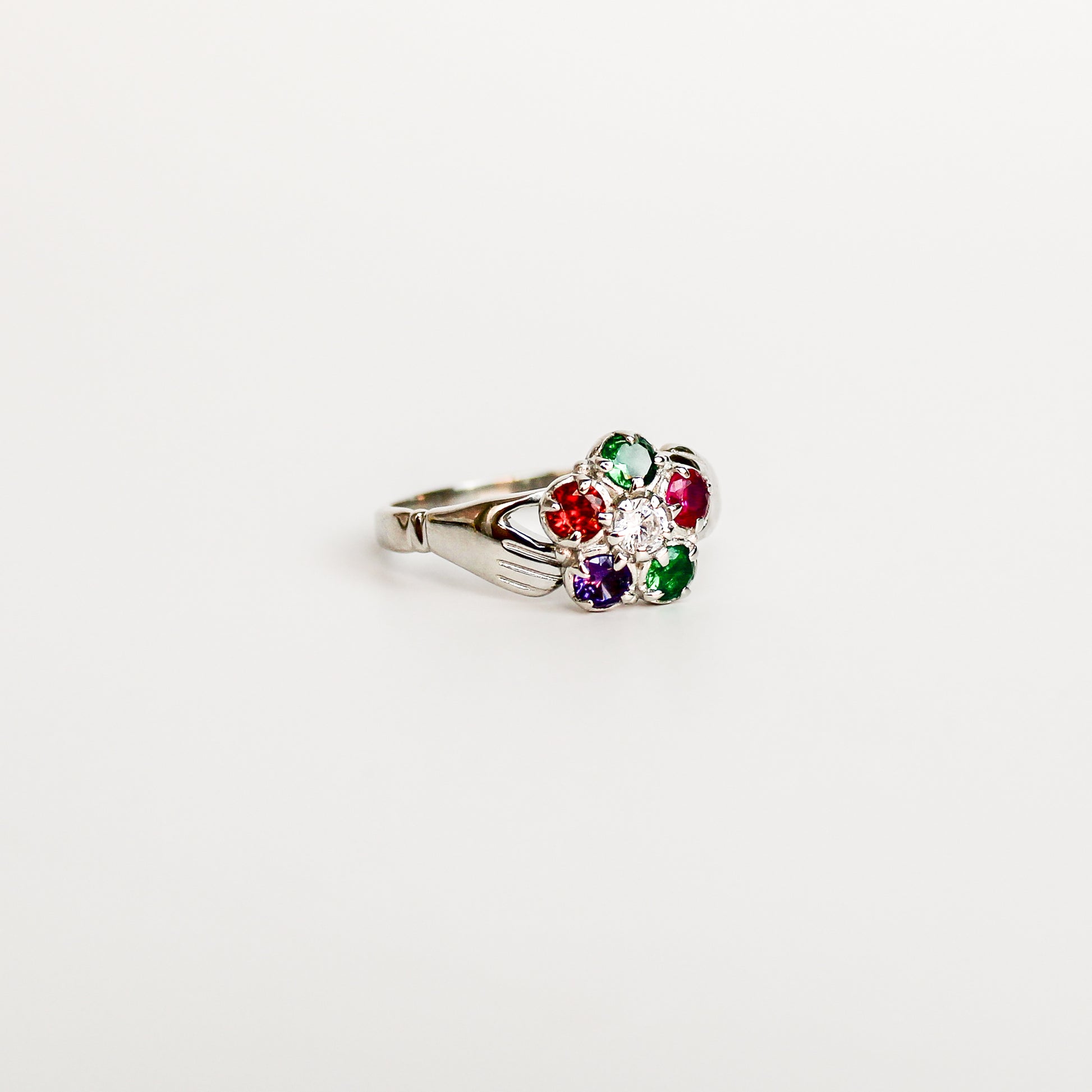 Regard Bloom Ring sterling silver side profile, floral REGARD acrostic cluster ring with hand-detailed band, Ether Jewelry