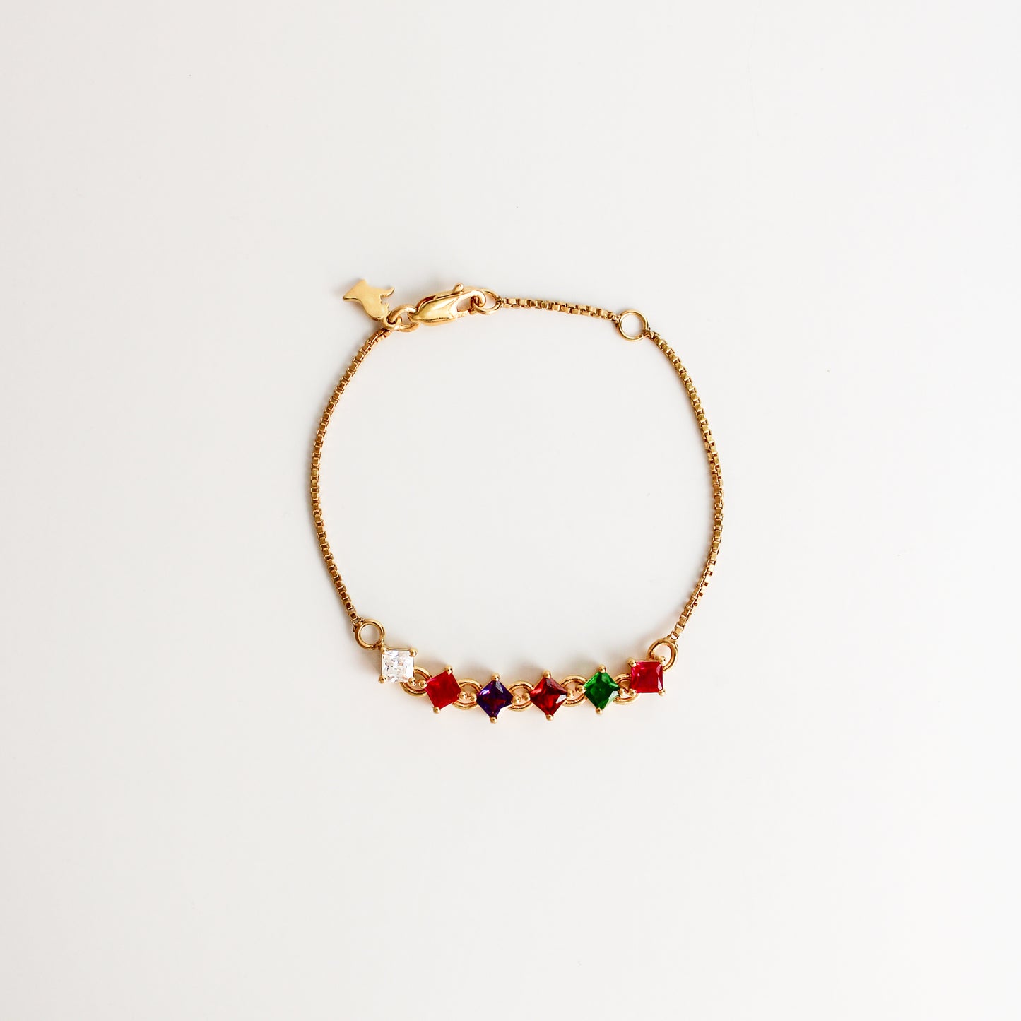 Linked Love Bracelet in 18k gold vermeil, acrostic REGARD square-cut CZ stones linked on box chain and lobster clasp, Ether Jewelry