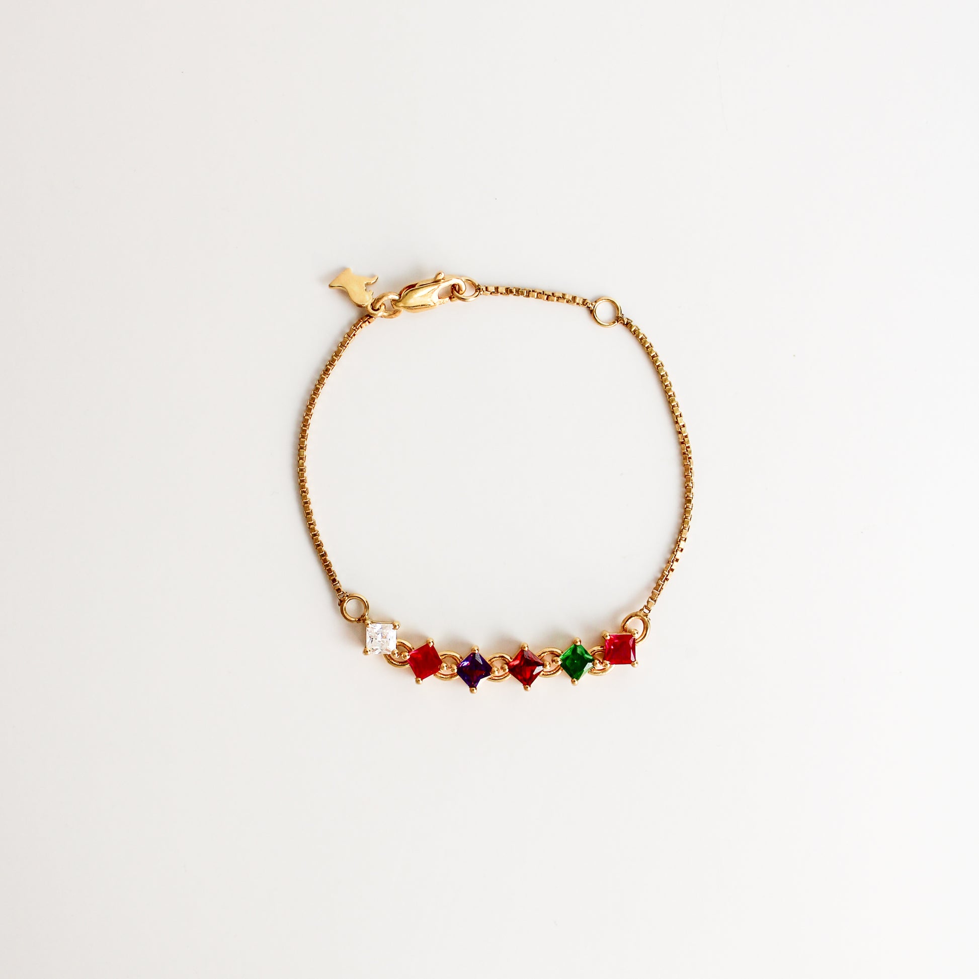 Linked Love Bracelet in 18k gold vermeil, acrostic REGARD square-cut CZ stones linked on box chain and lobster clasp, Ether Jewelry