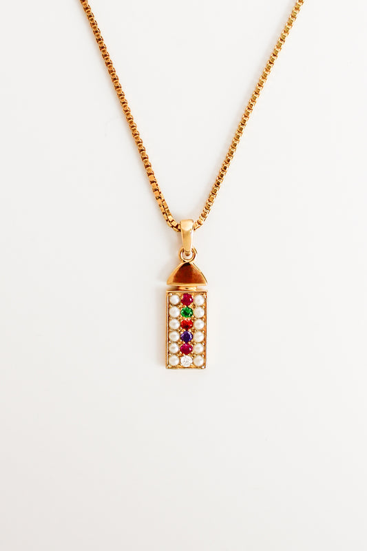 Regent Necklace in 18k gold vermeil, acrostic REGARD CZ stones set vertically on cultured pearl-paved rectangular pendant with domed cap on box chain, Ether Jewelry