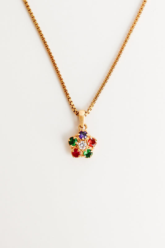 18k gold vermeil Regard Bloom box chain Necklace with a multicolored gemstone pendant on a white background, Ether Jewelry