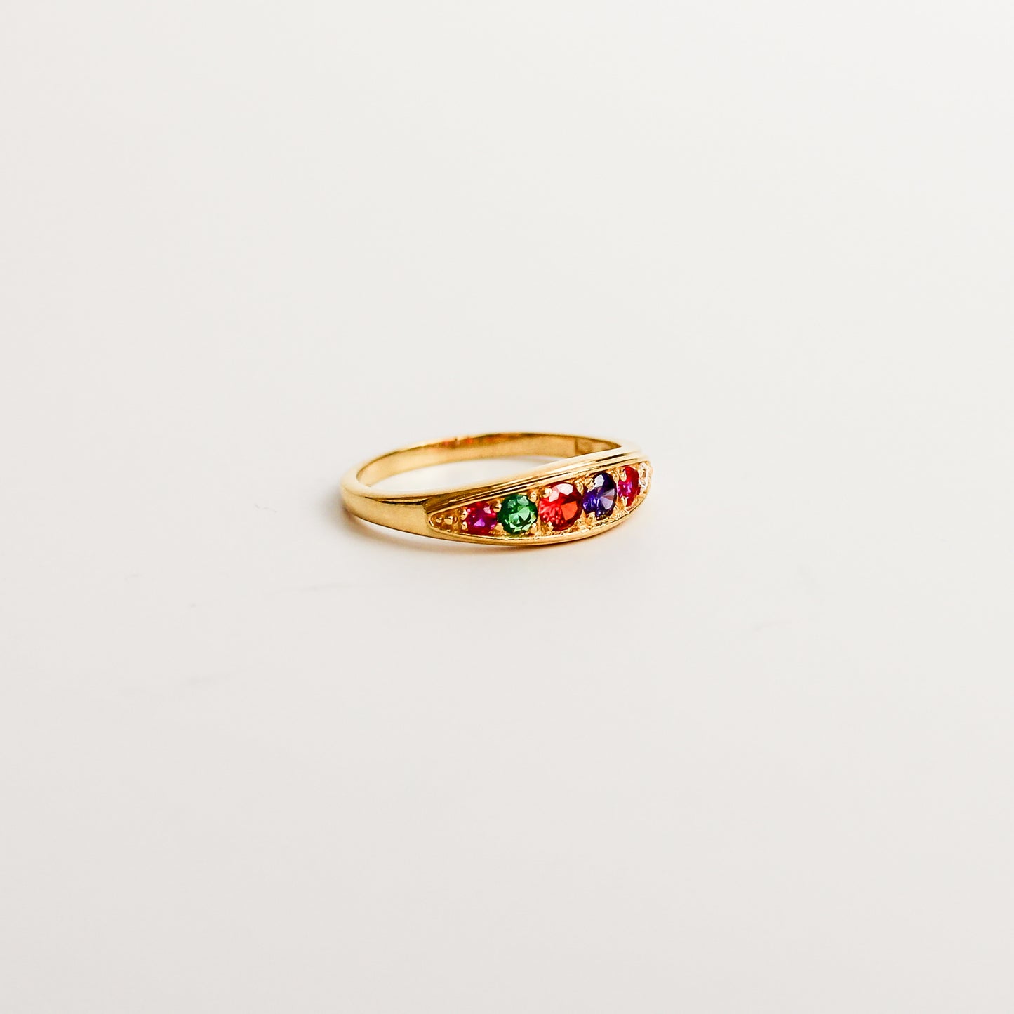 Love Letter Ring 18k gold vermeil side profile, domed acrostic gemstone band spelling REGARD, Ether Jewelry