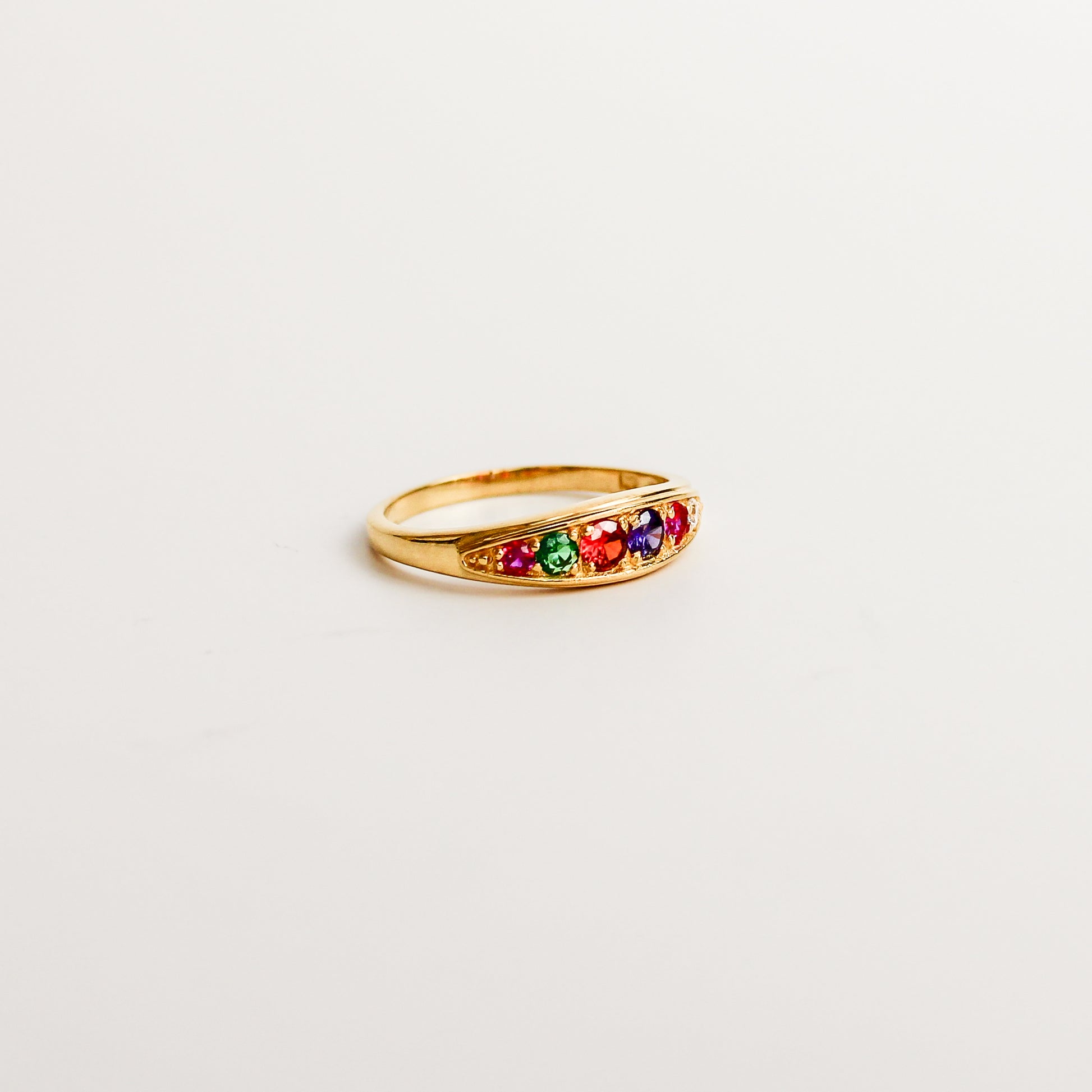 Love Letter Ring 18k gold vermeil side profile, domed acrostic gemstone band spelling REGARD, Ether Jewelry