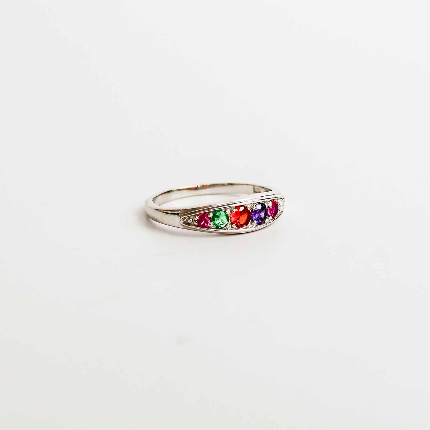 Love Letter Ring sterling silver side profile, domed acrostic gemstone band spelling REGARD, Ether Jewelry