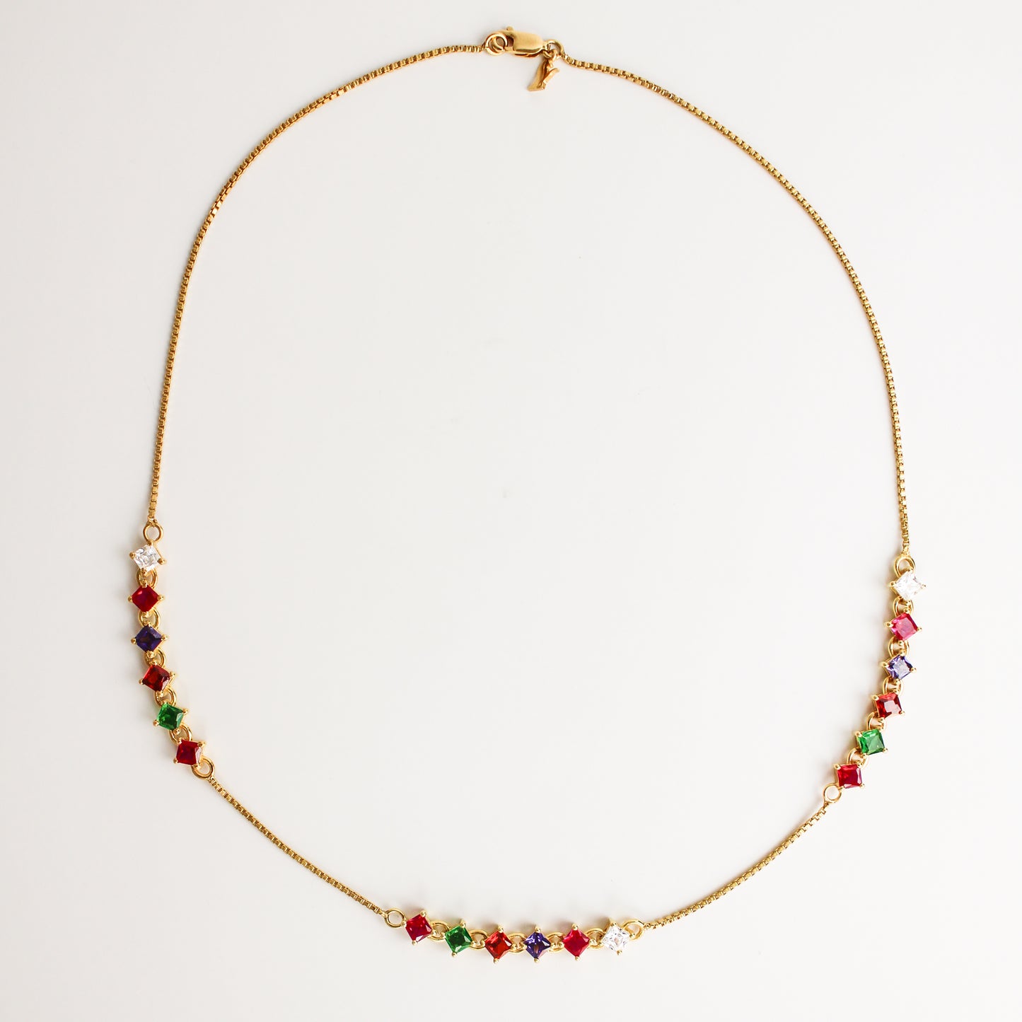 Linked Love Necklace in 18k gold vermeil, repeating acrostic REGARD CZ stones in continuous tennis style on box chain, Ether Jewelry