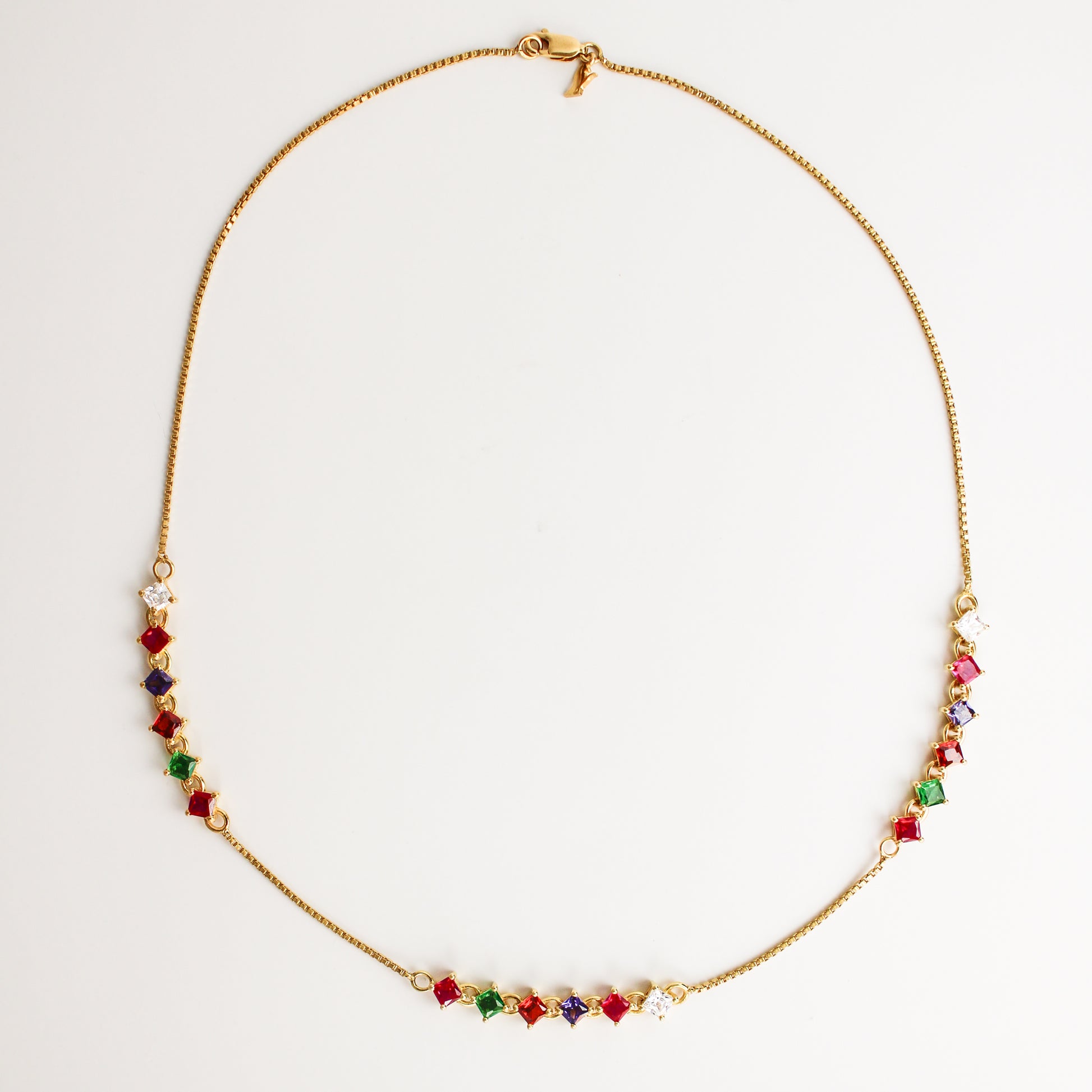 Linked Love Necklace in 18k gold vermeil, repeating acrostic REGARD CZ stones in continuous tennis style on box chain, Ether Jewelry