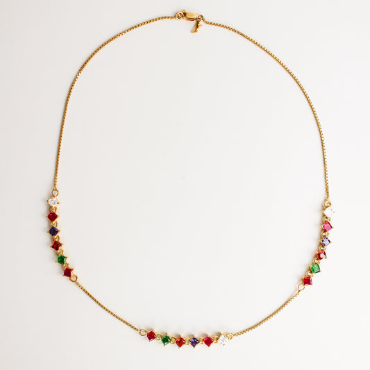 Linked Love Necklace in 18k gold vermeil, repeating acrostic REGARD CZ stones in continuous tennis style on box chain, Ether Jewelry
