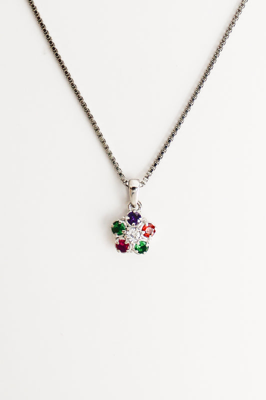 Sterling Silver Regard Bloom box chain Necklace with a multicolored gemstone pendant on a white background, Ether Jewelry