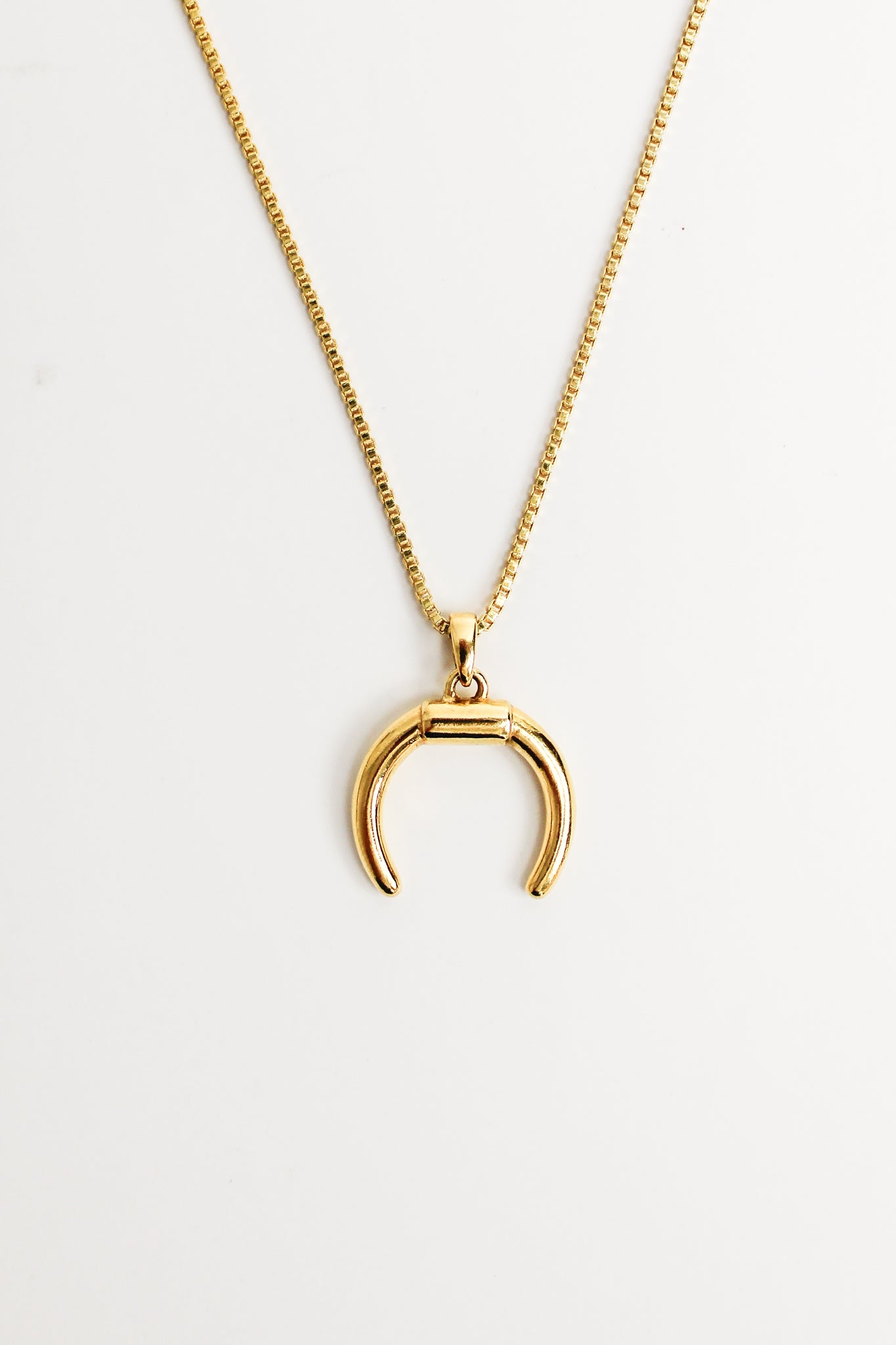 Ether Necklace in 18k gold vermeil, double horn crescent pendant on box chain, Ether Jewelry