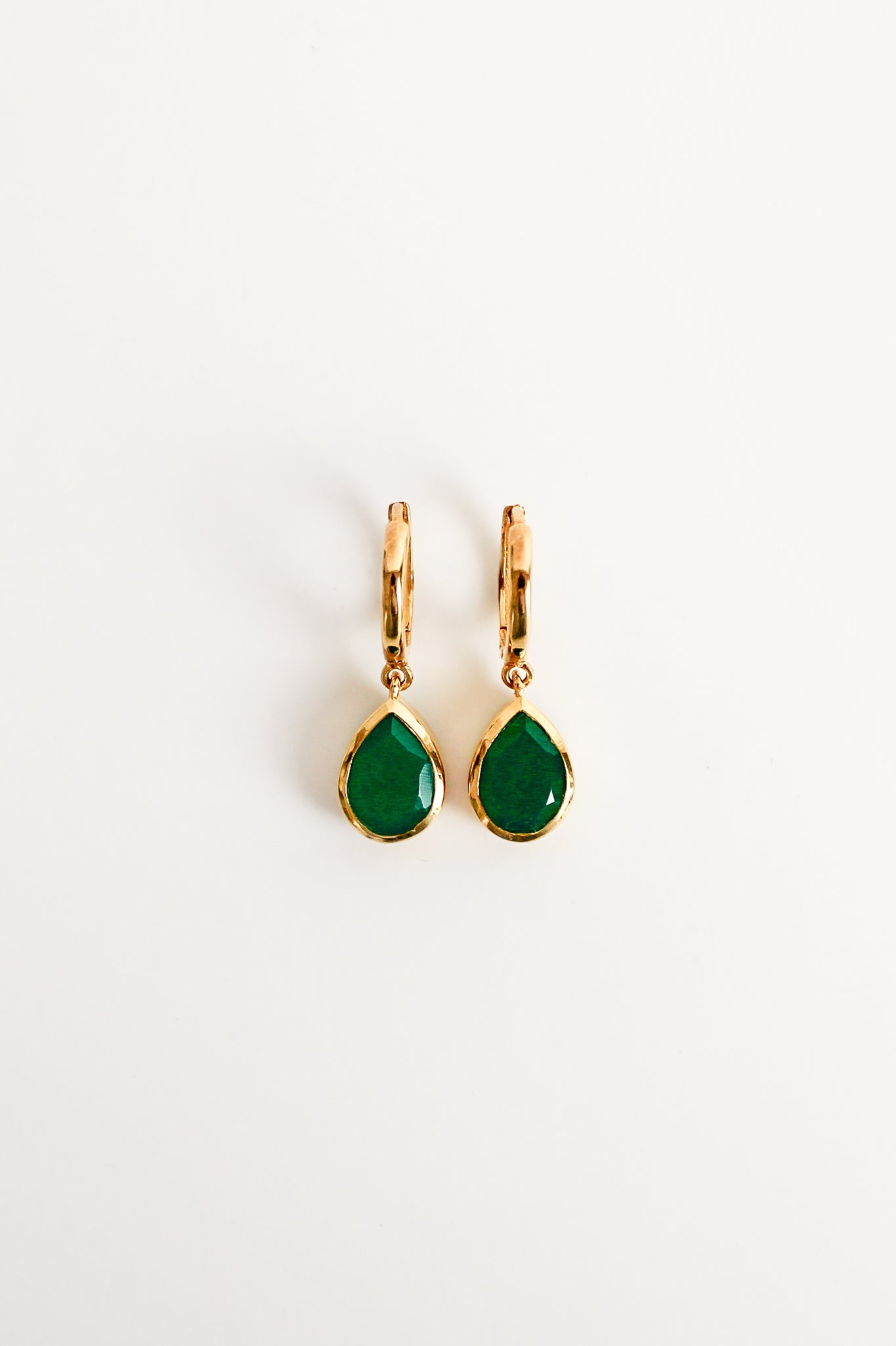 Devoted Earrings in 18k gold vermeil, bezel-set green onyx teardrop drops on huggie hoops, Ether Jewelry