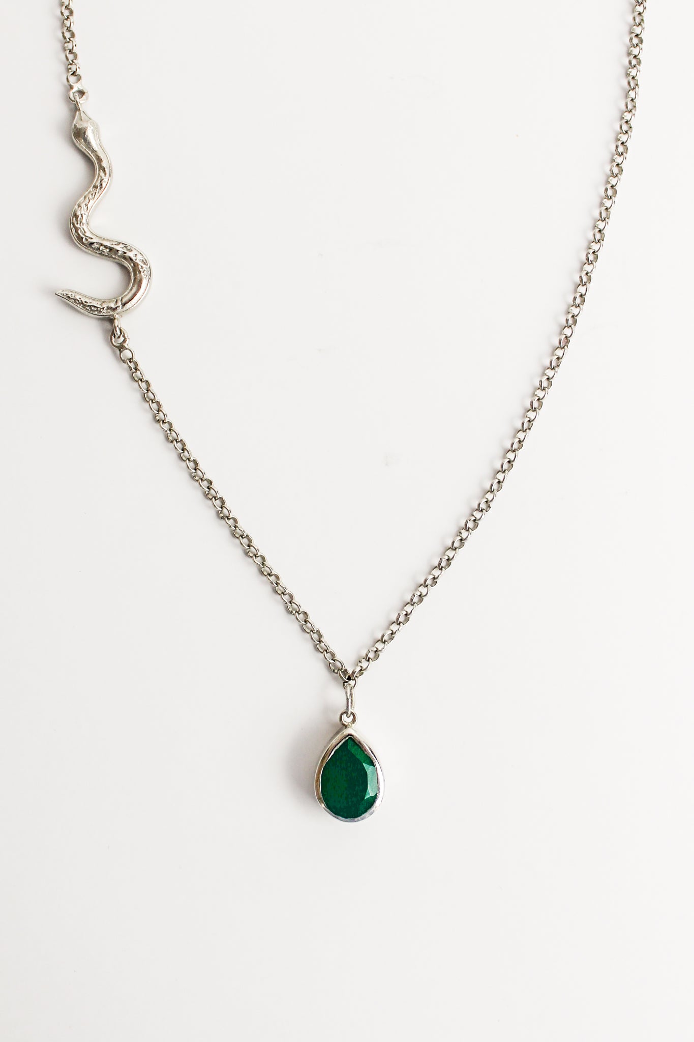 Devoted Necklace in sterling silver, asymmetric rolo chain with side serpent detail and bezel-set green onyx teardrop pendant, Ether Jewelry