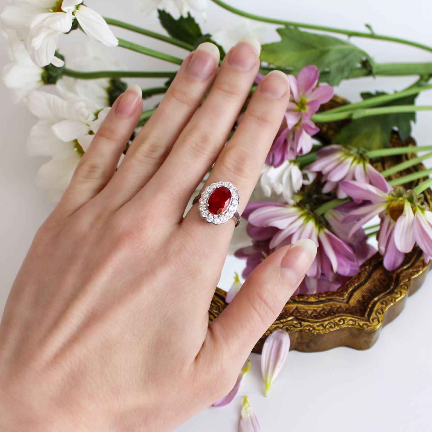 Edwardian Garnet Cluster Ring - Silver