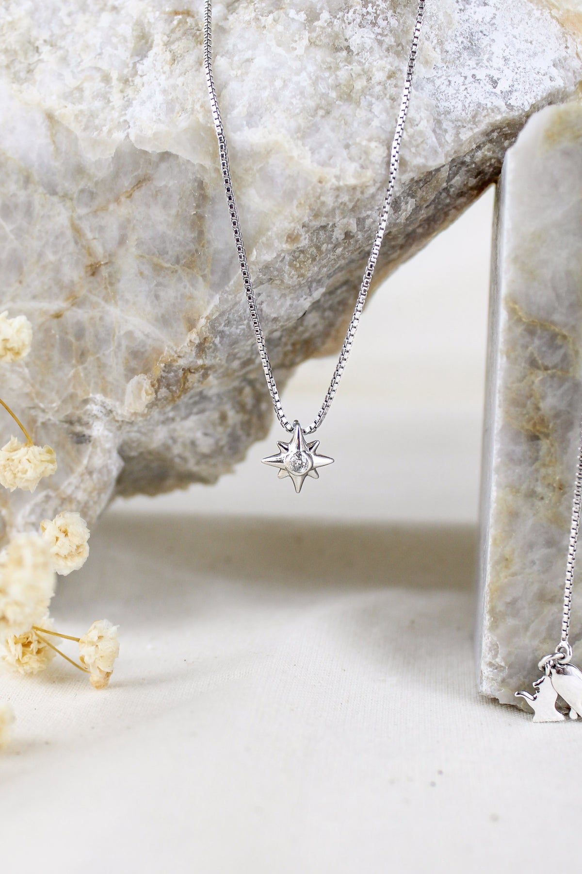 Lucida Necklace in sterling silver, dainty north star CZ pendant on box chain, staged on crystal with peacock feather, Ether Jewelry