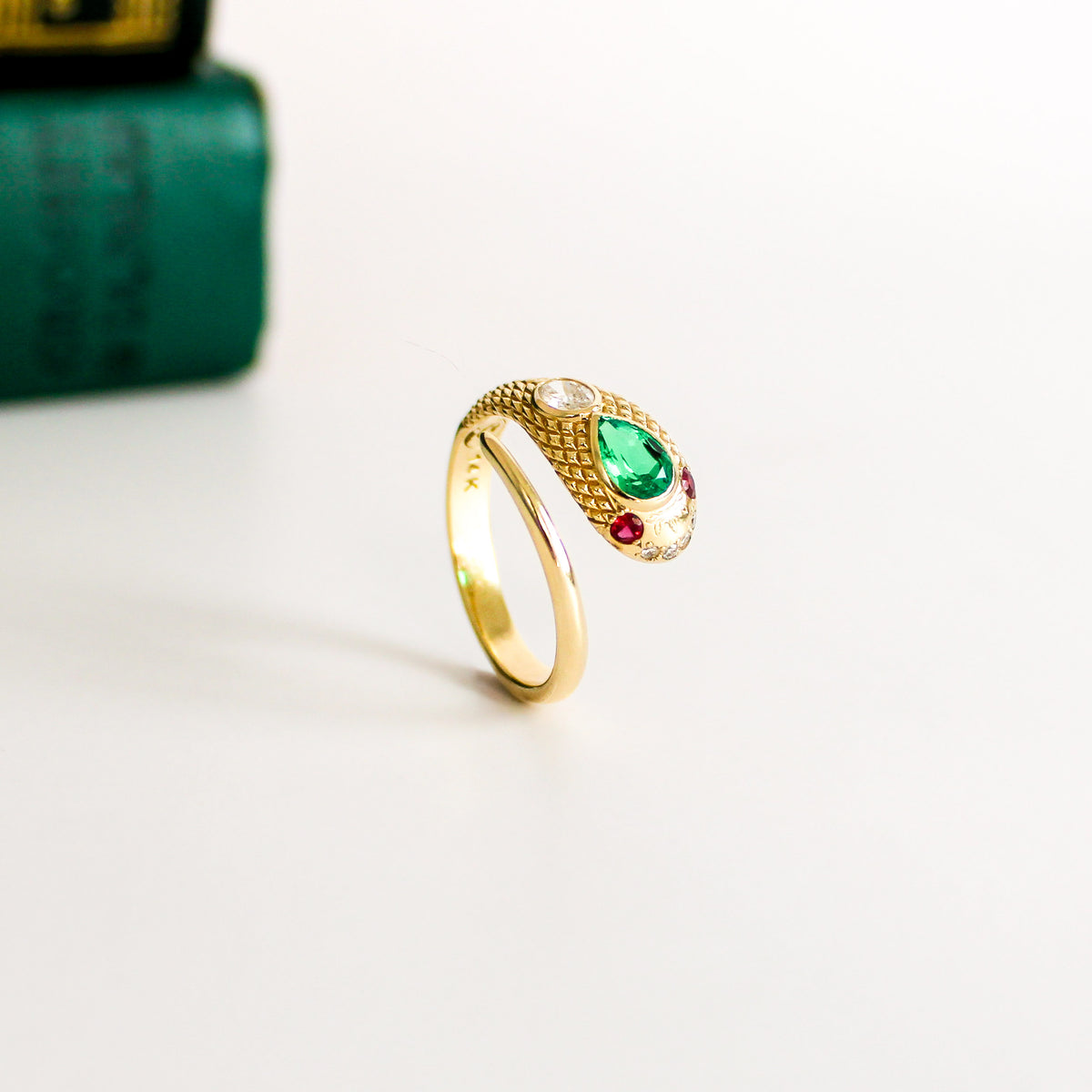 Queen Victoria snake ring in 14k solid gold, pear-shaped lab-grown emerald center stone with ruby eyes and diamond accents, Victorian serpent ring, Ether Jewelry