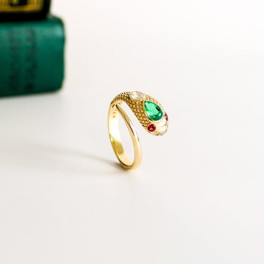 Queen Victoria snake ring in 14k solid gold, pear-shaped lab-grown emerald center stone with ruby eyes and diamond accents, Victorian serpent ring, Ether Jewelry
