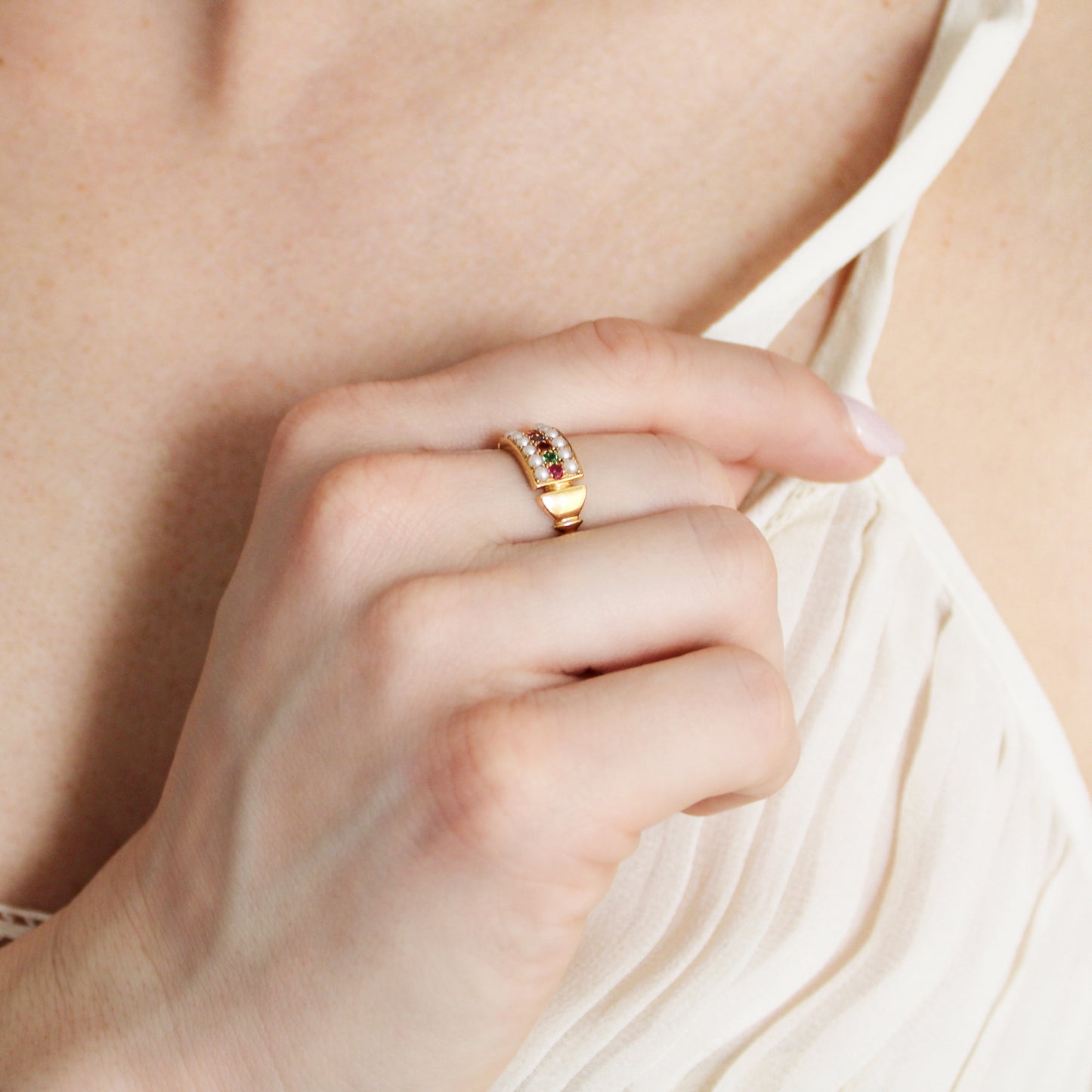 18k gold vermeil Regent Ring on model holding up hand, cultured pearl and acrostic gemstone signet ring, Ether Jewelry