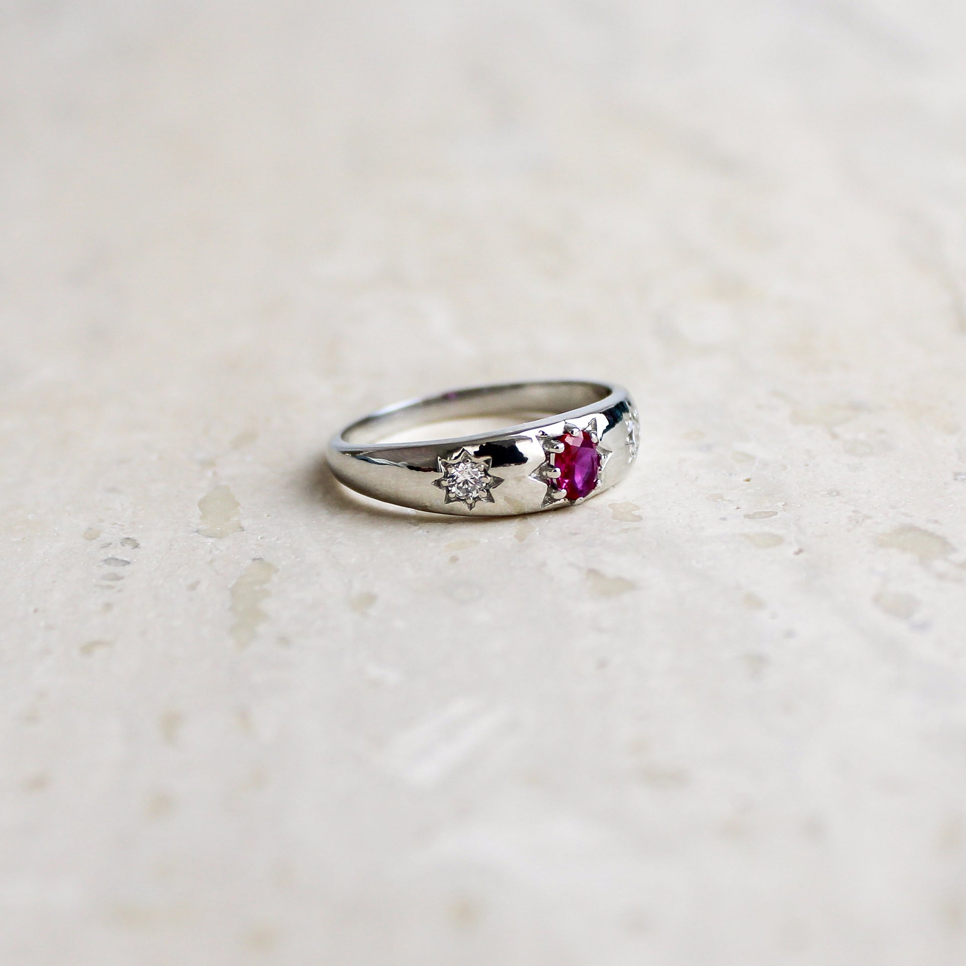 Rose from Roma Ring sterling silver second marble photo, pink CZ center star-set white CZ domed band, Ether Jewelry