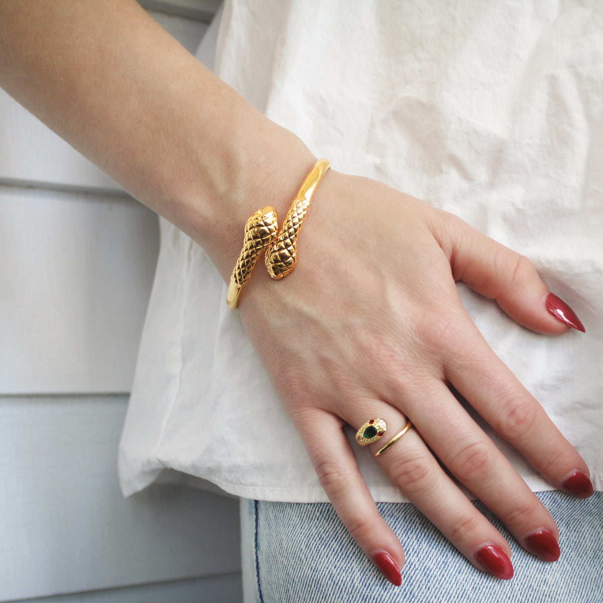 18k gold vermeil Serpentine Bracelet styled with ring on model, coiled serpent scale bangle, Ether Jewelry