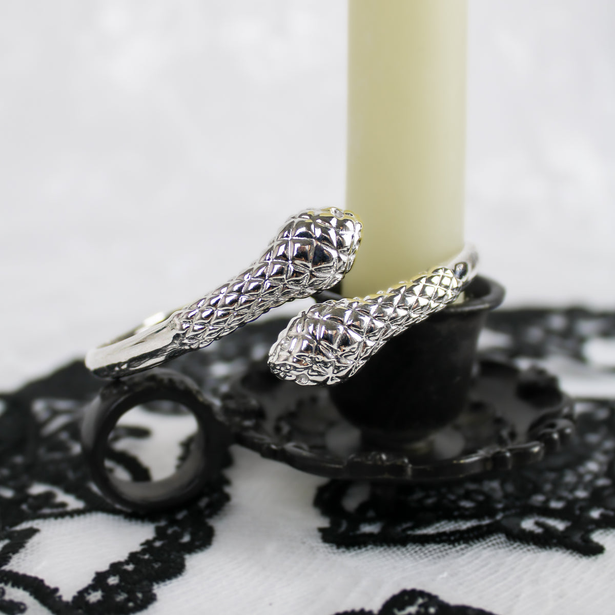 Serpentine Bracelet sterling silver wrapped around candle, coiled serpent scale texture bangle, Ether Jewelry