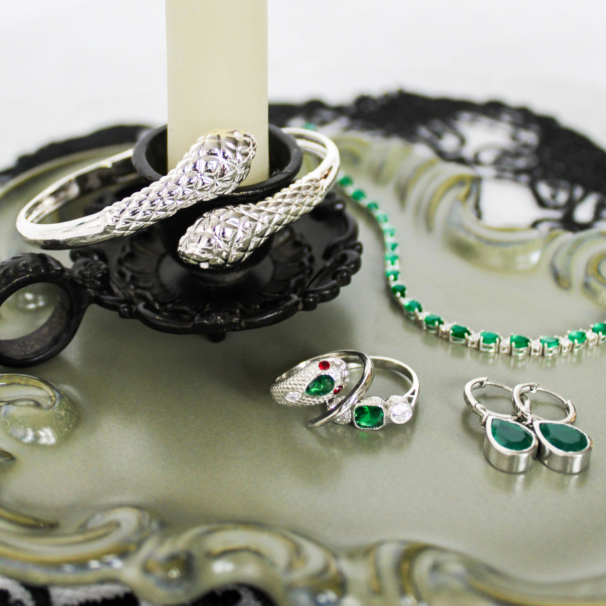 Serpentine Bracelet in sterling silver full collection photo, coiled snake bangle bracelet, Ether Jewelry