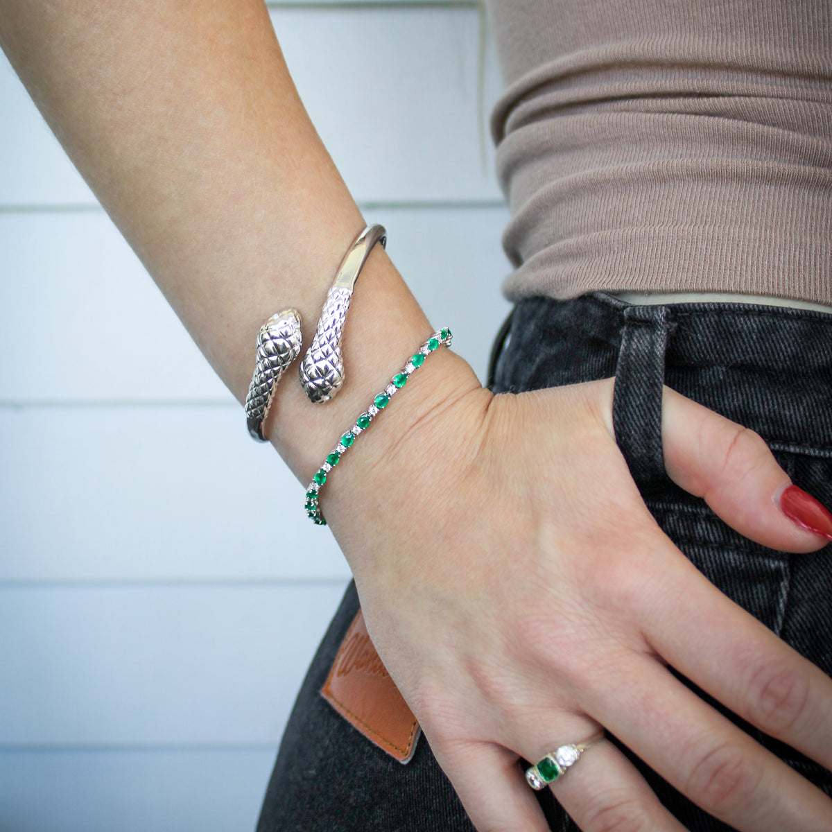 Sterling silver Serpentine Bracelet and Victorian Court Bracelet worn together on model, Ether Jewelry