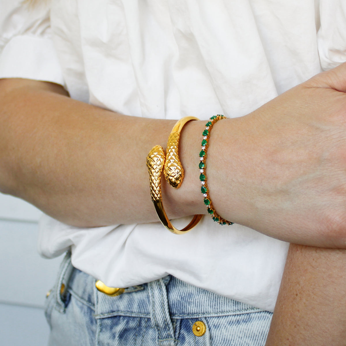 18k gold vermeil Serpentine Bracelet and Victorian Court Bracelet worn together on model, Ether Jewelry