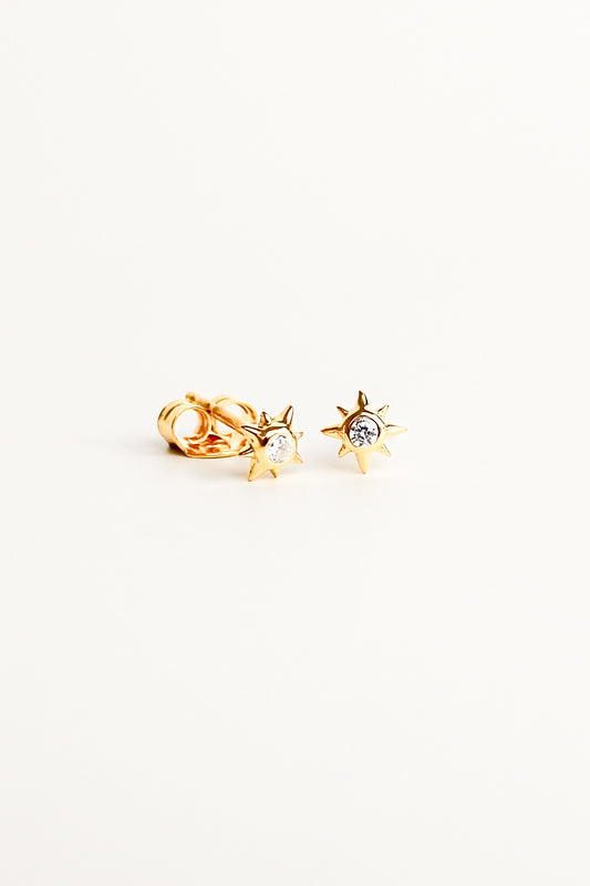 Stella Stud Earrings in 18k gold vermeil, dainty north star CZ stud earrings, white background, Ether Jewelry