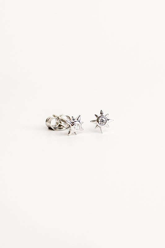 Stella Stud Earrings in sterling silver, dainty north star CZ stud earrings, white background, Ether Jewelry