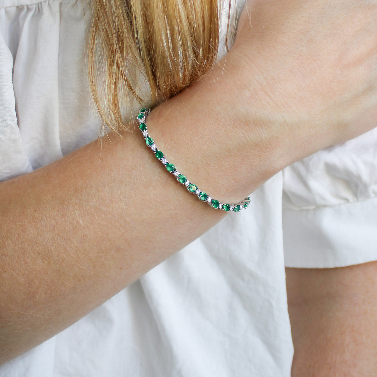 Sterling silver Victorian Court Bracelet on model, green onyx and white CZ tennis bracelet, Ether Jewelry