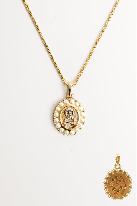 Mourning Memento Necklace in 18k gold vermeil, oval pendant with raised skull and crossbones and cultured pearl halo border on box chain, Ether Jewelry