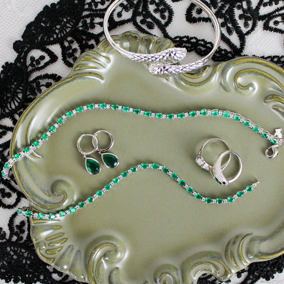 Victorian Court Bracelet in sterling silver full collection photo, green onyx and white CZ tennis bracelet, Ether Jewelry