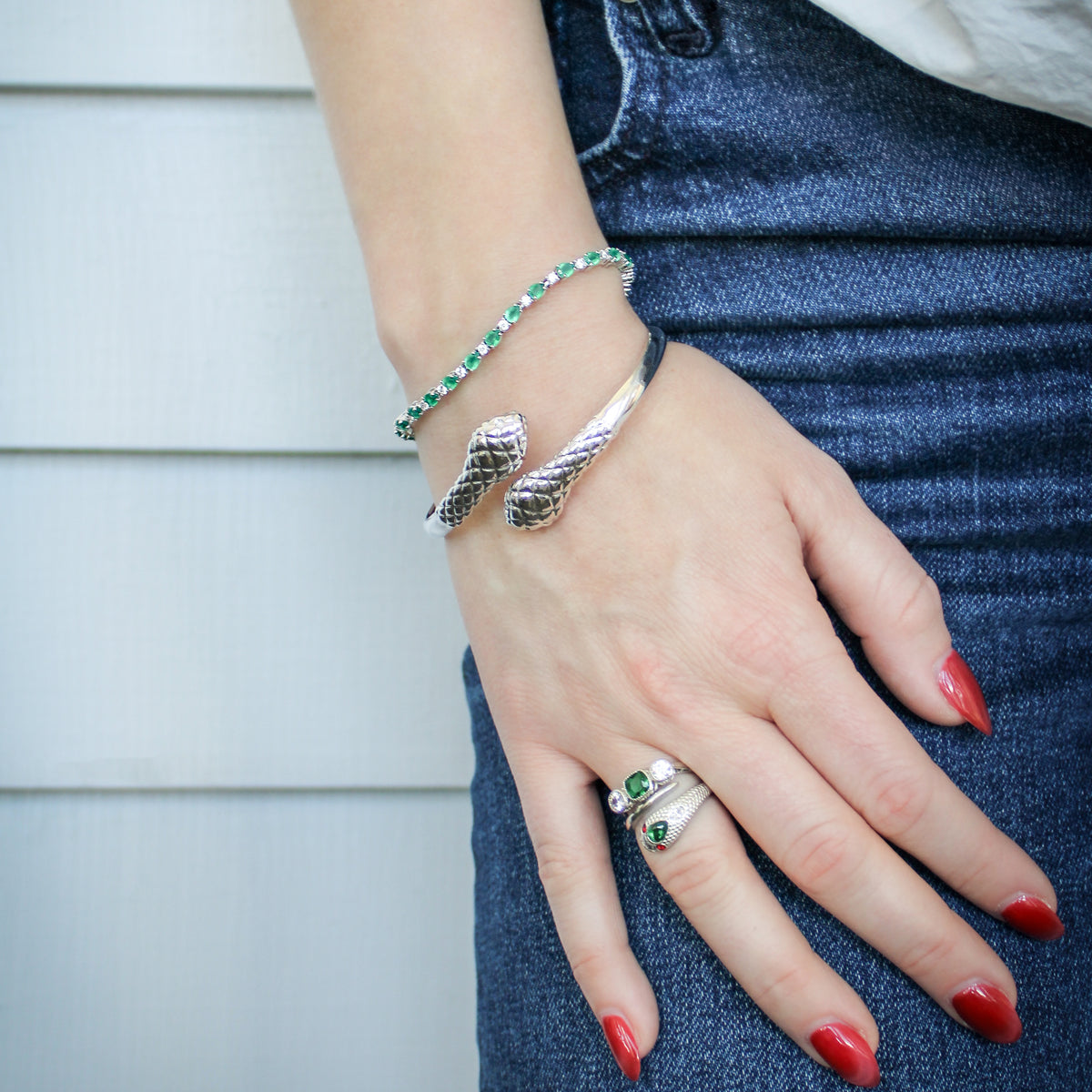 Sterling silver Victorian Court Bracelet and Serpentine Bracelet worn together on model, Ether Jewelry