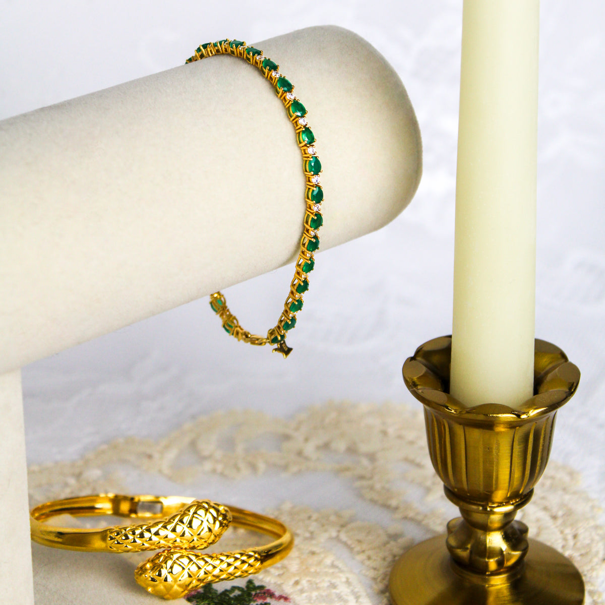 Victorian Court Bracelet 18k gold vermeil hung on jewelry bracelet display, alternating green onyx white CZ bracelet, Ether Jewelry