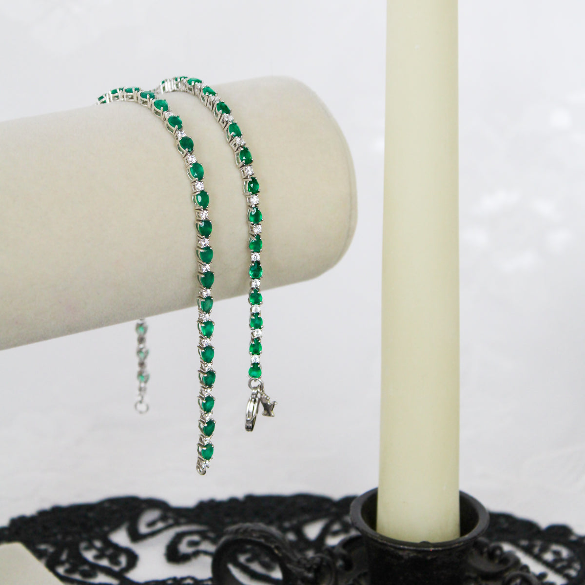 Victorian Court Bracelet sterling silver hung on jewelry bracelet display, alternating green onyx white CZ bracelet, Ether Jewelry