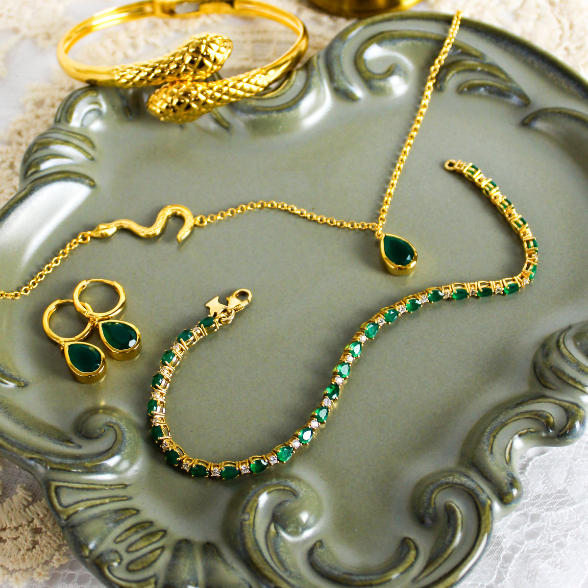 Victorian Court Bracelet in 18k gold vermeil full collection photo, green onyx and white CZ tennis bracelet, Ether Jewelry