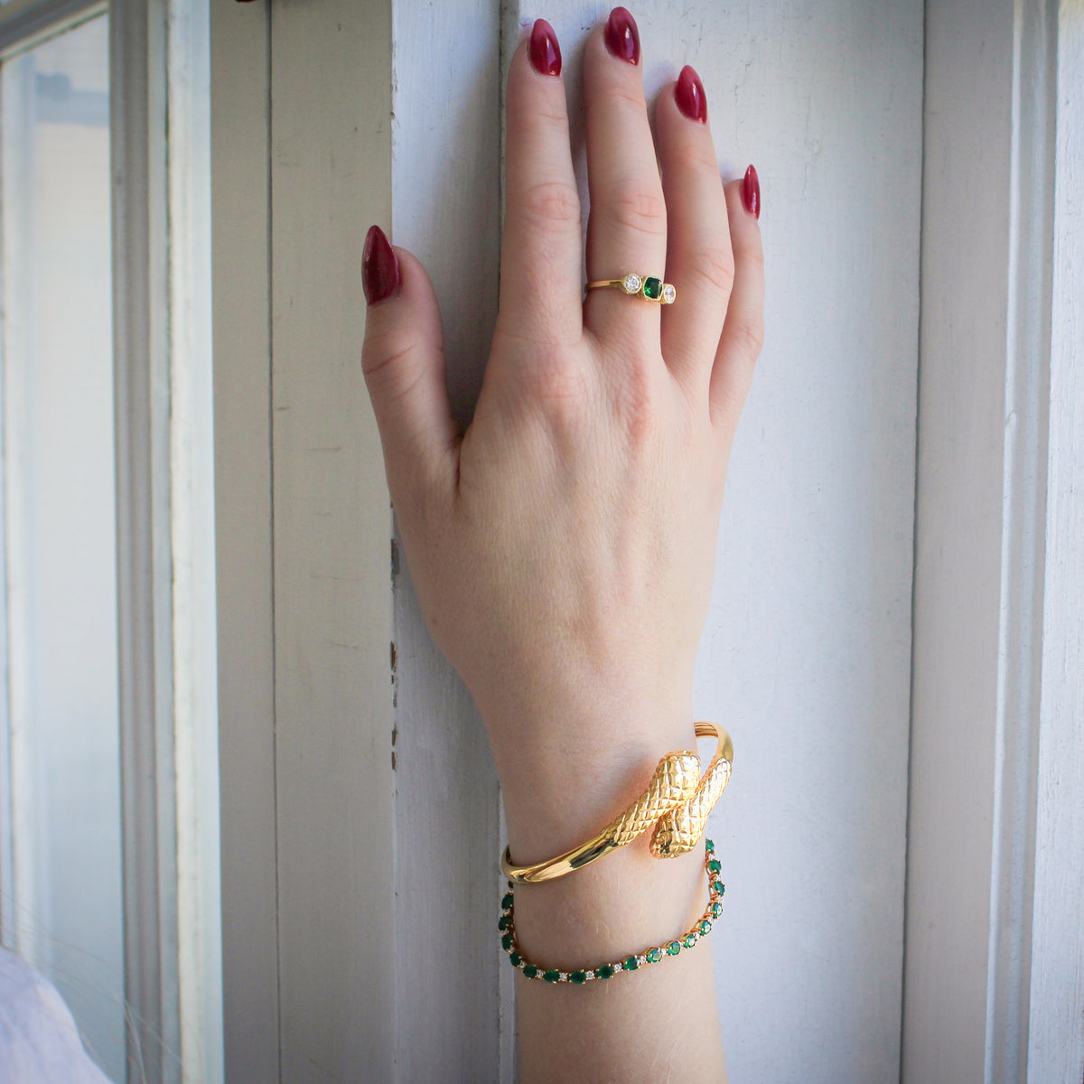 18k gold vermeil Victorian Court Bracelet and Serpentine Bracelet worn together on model, Ether Jewelry